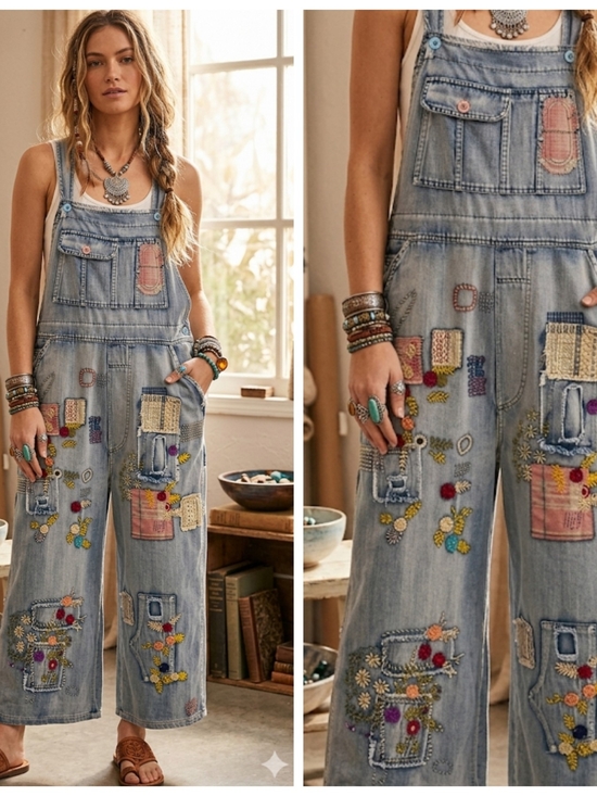 Pants - Boho Embroidered Denim Overalls Jumpsuit - Light Blue
